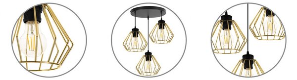 Light for home - Závěsné svítidlo na lanku s kovovými stínítky LH005 "SANTOS LOFT", 3x60W, E27, Černá