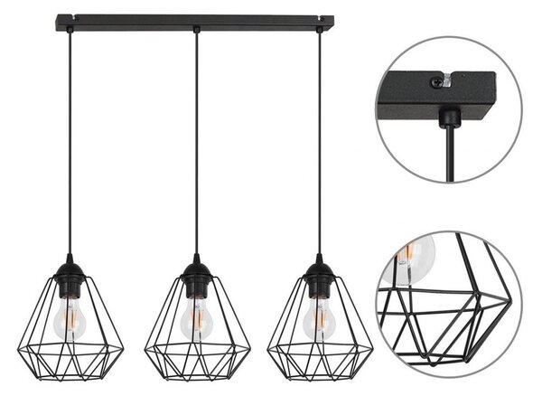 Light for home - Závěsné svítidlo na lanku s kovovými stínítky LH002 "DIAMOND LOFT CORRAL", 3x60W, E27, Černá