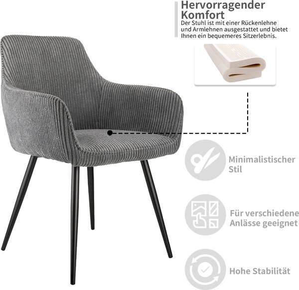 Sada 2 jídelních židlí s područkami, manšestrová látka, čalouněná, ergonomická, moderní, stabilní, kovový rám