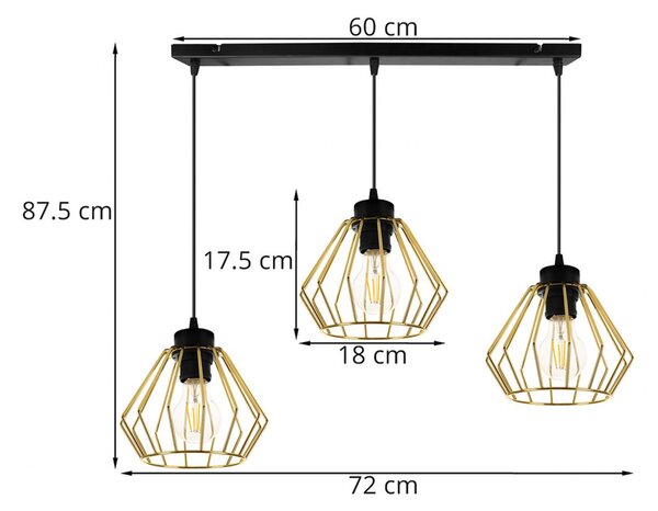 Light for home - Závěsné svítidlo na lanku s kovovými stínítky LH007 "SANTOS LOFT", 3x60W, E27, Černá