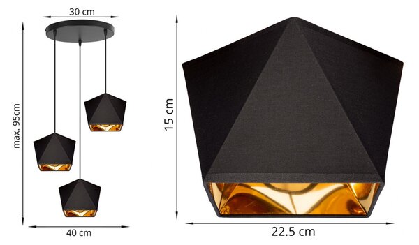 Light for home - Moderní závěsné svítidlo na lanku LH024 "DIAMOND GOLD", 3x60W, E27, Černá