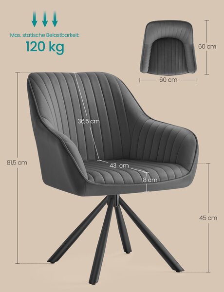 SONGMICS jídelní židle, kuchyňská židle, otočné křeslo, samet do 120 kg šedá