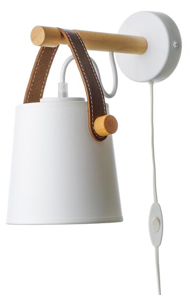 Light for home - Nástěnné svítidlo s kabelem a vypínačem a zástrčkou. 442 "RIONI", 1x40W, E27, bílá, přírodní olše, hnědá kůže