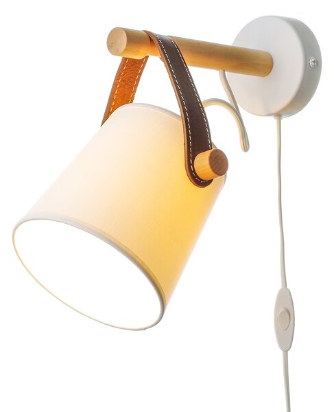 Light for home - Nástěnné svítidlo s kabelem a vypínačem a zástrčkou. 442 "RIONI", 1x40W, E27, bílá, přírodní olše, hnědá kůže