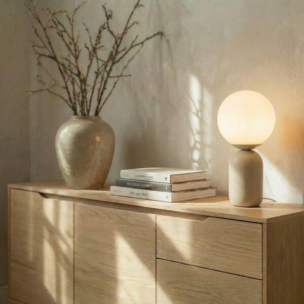 Lindby Stolní lampa Lennes, béžová, sklo, Ø 20 cm, Bílá / opál, Obývací pokoj / jídelna, Sklo, Moderní