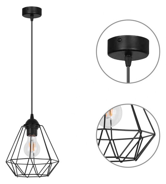 Light for home - Závěsné svítidlo na lanku s kovovým stínítkem LH003 "DIAMOND LOFT CORRAL", 1x60W, E27, Černá