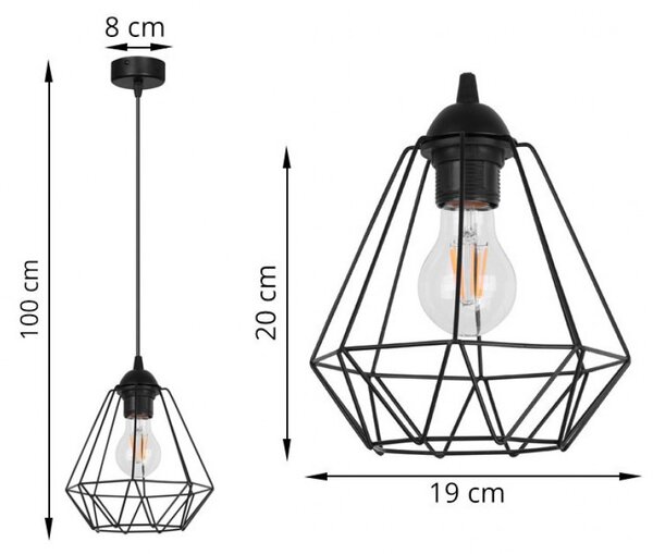 Light for home - Závěsné svítidlo na lanku s kovovým stínítkem LH003 "DIAMOND LOFT CORRAL", 1x60W, E27, Černá