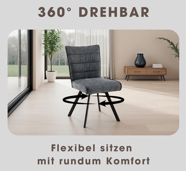 Sada dvou židlí byLIVING ROBBIE / Potah: antracitová barva, konstrukce: černá / Otočné o 360° a s pružinovou výplní / Jídelní židle / Polstrovaná židle / Šířka 48 cm, výška 89,5 cm, hloubka 63,5 cm