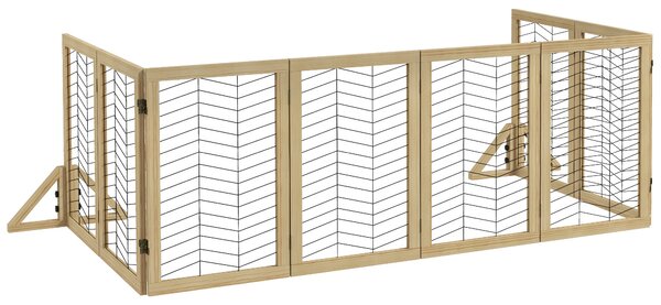 PawHut Dřevěná brána pro psy, ochrana dveří, skládací brána pro psy s 8 panely, plot pro psy, schodová brána, ochranná brána k krbu, přírodní, 375 x 4