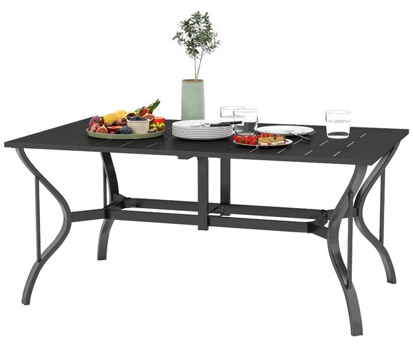 Zahradní stůl Outsunny ocelový 150x90 cm, odolný vůči povětrnostním vlivům, s otvorem pro slunečník, prkenná designová bufetová stůl pro 6 osob na ter