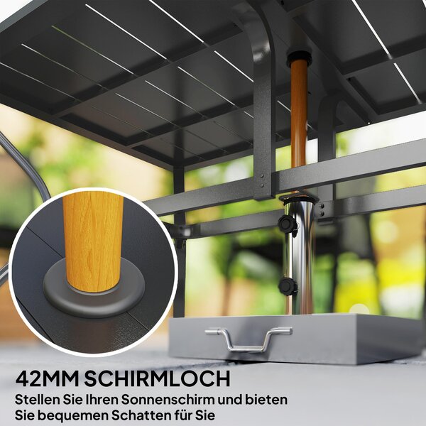 Zahradní stůl Outsunny ocelový 150x90 cm, odolný vůči povětrnostním vlivům, s otvorem pro slunečník, prkenná designová bufetová stůl pro 6 osob na ter