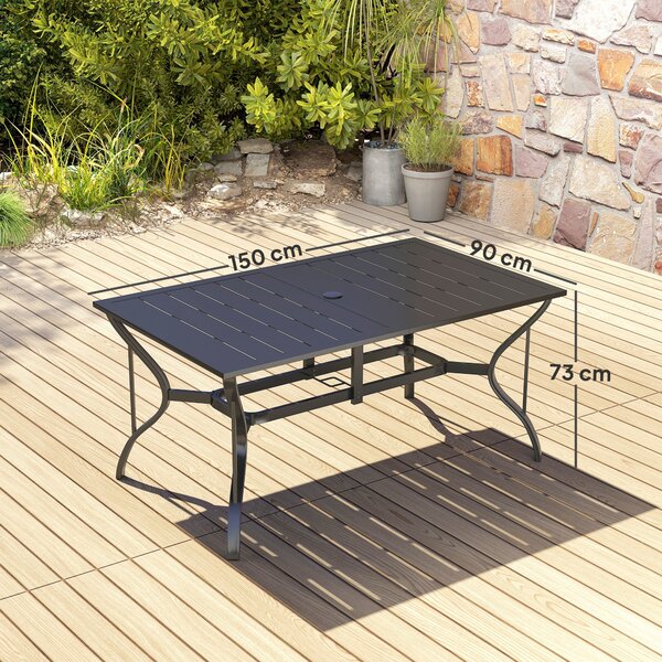 Zahradní stůl Outsunny ocelový 150x90 cm, odolný vůči povětrnostním vlivům, s otvorem pro slunečník, prkenná designová bufetová stůl pro 6 osob na ter