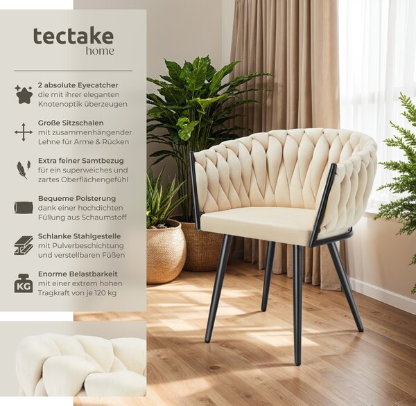 Tectake® Set jídelní židle Astano čalouněná, se sametovým potahem, pletený vzor 60,5 x 55 x 75 cm