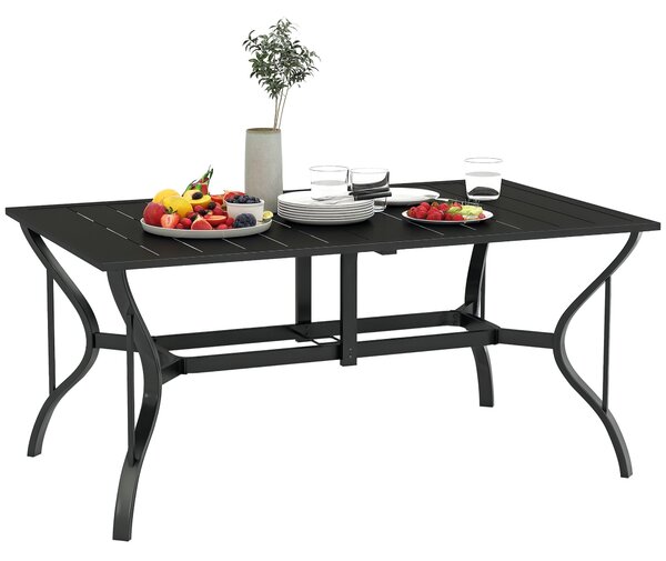 Zahradní stůl Outsunny ocelový 150x90 cm, odolný vůči povětrnostním vlivům, s otvorem pro slunečník, prkenná designová bufetová stůl pro 6 osob na ter