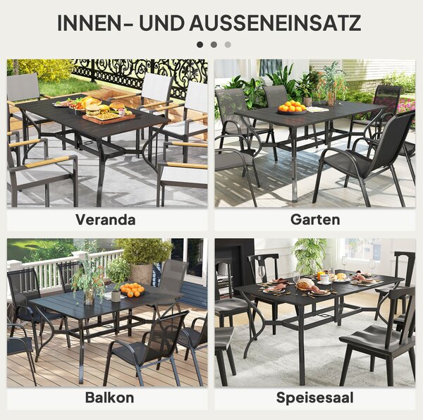Zahradní stůl Outsunny ocelový 150x90 cm, odolný vůči povětrnostním vlivům, s otvorem pro slunečník, prkenná designová bufetová stůl pro 6 osob na ter