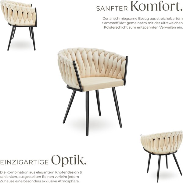 Tectake® Set jídelní židle Astano čalouněná, se sametovým potahem, pletený vzor 60,5 x 55 x 75 cm