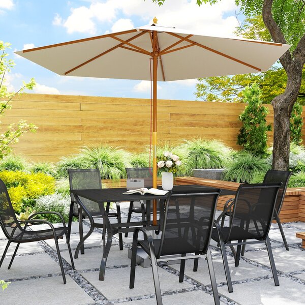 Zahradní stůl Outsunny ocelový 150x90 cm, odolný vůči povětrnostním vlivům, s otvorem pro slunečník, prkenná designová bufetová stůl pro 6 osob na ter