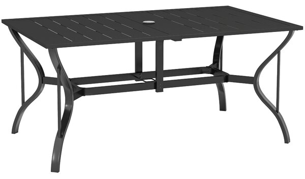 Zahradní stůl Outsunny ocelový 150x90 cm, odolný vůči povětrnostním vlivům, s otvorem pro slunečník, prkenná designová bufetová stůl pro 6 osob na ter