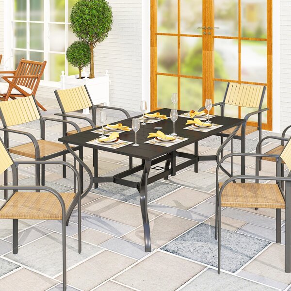 Zahradní stůl Outsunny ocelový 150x90 cm, odolný vůči povětrnostním vlivům, s otvorem pro slunečník, prkenná designová bufetová stůl pro 6 osob na ter