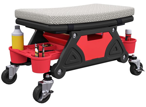 HOMCOM Pracovní Stolička s Kolečky a Úložným Zásuvkovým Prostorem, 35 cm Vysoká, Vysoká Nosnost až 135 kg, Otočná Pracovní Stolička Šedá | Aosom