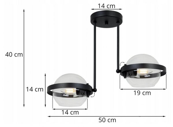 Light for home - Moderní lustr na tyči s dvěma skleněnými stínidly RING 2340/2/B, 2x60W, E27, Černá