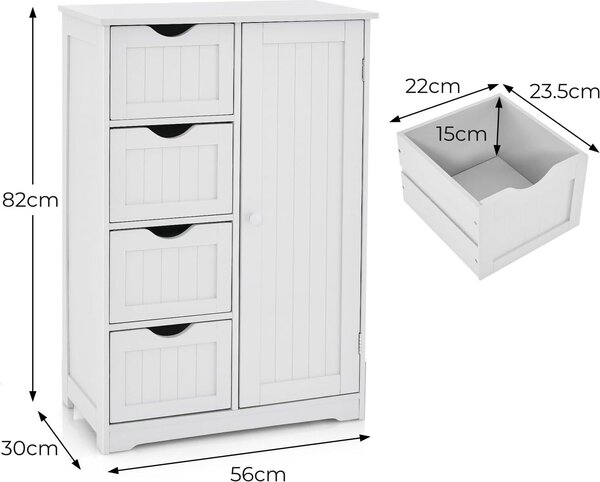 KOMFOTTEU úložná skříňka s nastavitelnou policí, koupelnová skříňka se 4 zásuvkami a 1 dvířky, koupelnová skříňka 56 x 30 x 82 cm, boční skříňka s ochranou proti překlopení, do obývacího pokoje, kuchyně (bílá)