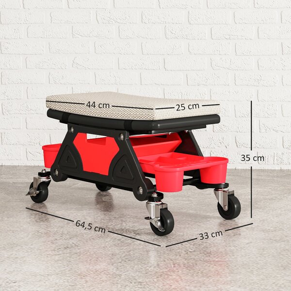 HOMCOM Pracovní Stolička s Kolečky a Úložným Zásuvkovým Prostorem, 35 cm Vysoká, Vysoká Nosnost až 135 kg, Otočná Pracovní Stolička Šedá | Aosom