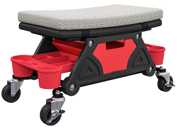 HOMCOM Pracovní Stolička s Kolečky a Úložným Zásuvkovým Prostorem, 35 cm Vysoká, Vysoká Nosnost až 135 kg, Otočná Pracovní Stolička Šedá | Aosom