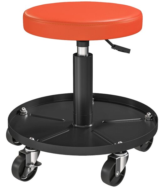 HOMCOM Pracovní stolička s kolečky, úložný prostor, nastavitelná výška 38-50 cm, nosnost do 135 kg, otočná pracovní stolička, Ø38 cm, oranžová | Aosom