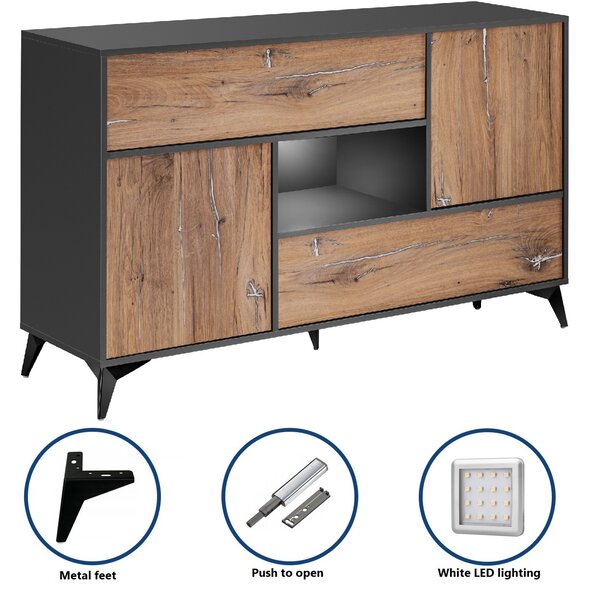 Komodee, Příborník Orvieto 4D, Dub/Antracit, Šířka 89 cm x Výška 149,5 cm x Hloubka 40 cm, LED, do Obývacího Pokoje, Ložnice