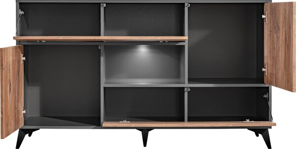 Komodee, Příborník Orvieto 4D, Dub/Antracit, Šířka 89 cm x Výška 149,5 cm x Hloubka 40 cm, LED, do Obývacího Pokoje, Ložnice