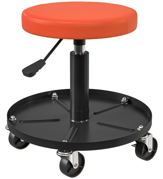 HOMCOM Pracovní stolička s kolečky, úložný prostor, nastavitelná výška 38-50 cm, nosnost do 135 kg, otočná pracovní stolička, Ø38 cm, oranžová | Aosom