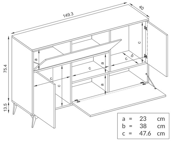 Komodee, Příborník Orvieto 4D, Dub/Antracit, Šířka 89 cm x Výška 149,5 cm x Hloubka 40 cm, LED, do Obývacího Pokoje, Ložnice