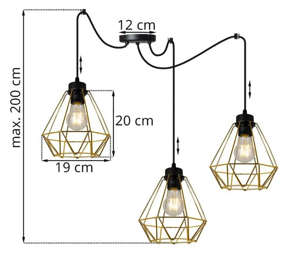 Light for home - Elegantní závěsné svítidlo SPIDER NUVOLA GOLD 2034/3, zlaté kovové stínidlo, 3x60W, E27, černá, zlatá