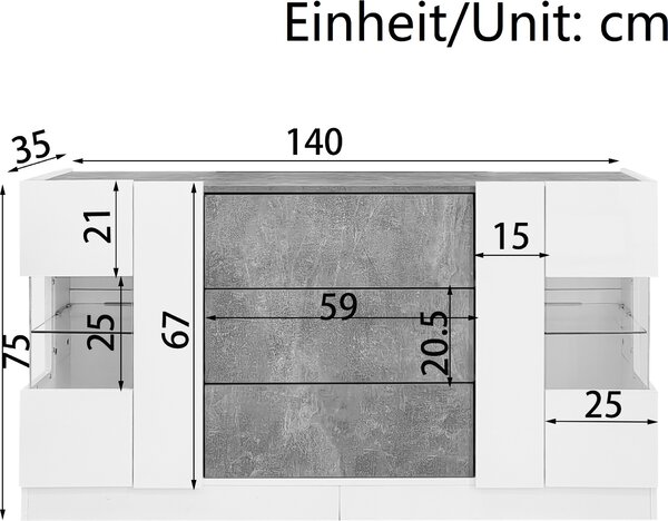 Flieks příborník příborník, LED osvětlení s 16 barvami, kuchyňská skříňka se 2 dvířky a 3 zásuvkami, skříňka do jídelny obývacího pokoje, bílá