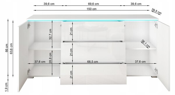 Dwoudveřová komoda VERA 150 cm s zásuvkami a nastavitelnými policemi – bílá / antracit