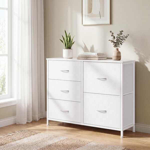SONGMICS Komoda s 5 zásuvkami, komoda se zásuvkami s kovovou konstrukcí, rozměry 98,7 x 30 x 74,7 cm, bílá barva