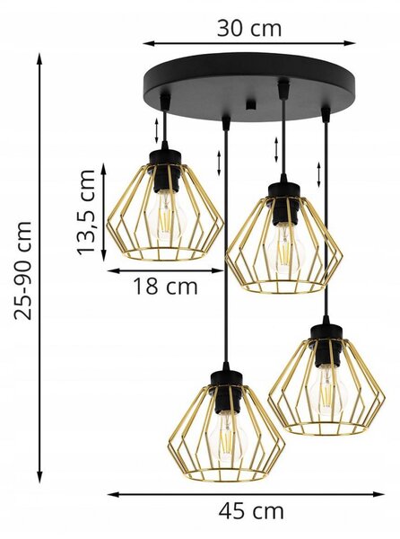 Light for home - Závěsná lampa Loft se stínidly ve tvaru zlatých diamantů SANTOS 2213/4/OW, E27, Zlatá