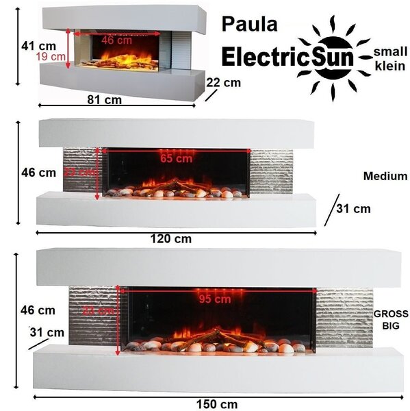 Elektrický nástěnný krb ElectricSun Paula Bílý, velká, se zvukem, 10 barev plamene, s aplikací, Š150xV46xH31cm
