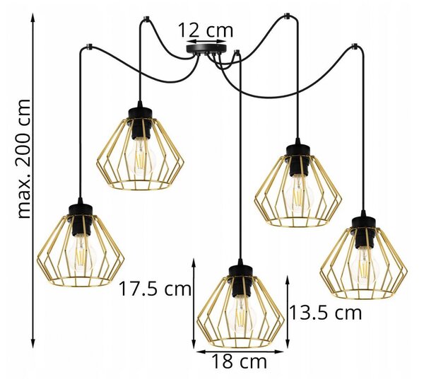 Light for home - Závěsné svítidlo se zlatými stínidly SPIDER SANTOS 2213/5, E27, Černá