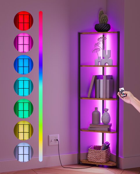 Rohový regál s 5 úrovněmi, knihovna s nastavitelným LED osvětlením