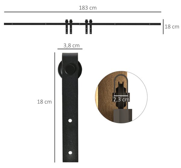 HOMCOM 183 cm Sada posuvných dveří – Kompletní systém s opěrnou lištou, kolejnicí a kolečky vyrobený z karbonové oceli pro dvojité posuvné dveře | Aos