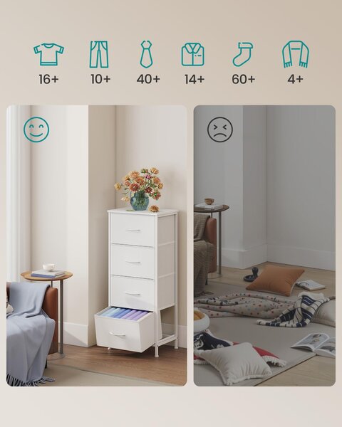 SONGMICS Komoda, skříň, 4 látkové zásuvky, do ložnice, předsíně, obývacího pokoje, bílá