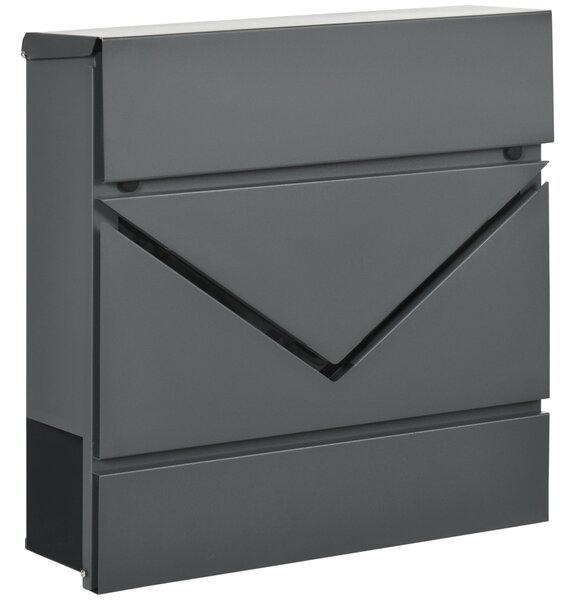 HOMCOM Nástěnná Poštovní Schránka s Zámkem, Víko, Poštovní Schránka z Pozinkované Oceli, pro Exteriér, 37 x 10,5 x 37 cm, Tmavě šedá | Aosom