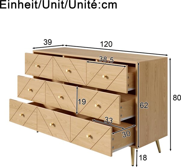 Komoda Fortuna Lai se 6 zásuvkami, železné nohy - Geometrické vzory a praktické knoflíky - Robustní PB konstrukce do ložnice, obývacího pokoje a předsíně