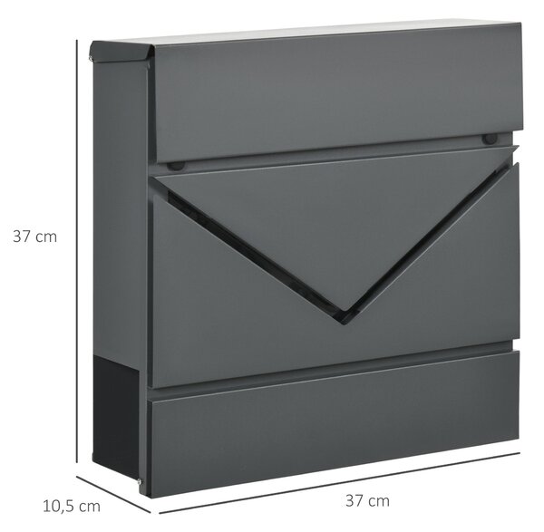 HOMCOM Nástěnná Poštovní Schránka s Zámkem, Víko, Poštovní Schránka z Pozinkované Oceli, pro Exteriér, 37 x 10,5 x 37 cm, Tmavě šedá | Aosom