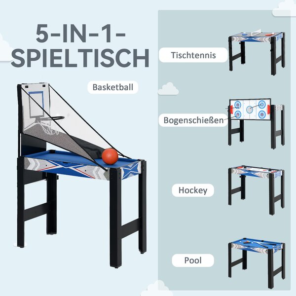 SPORTNOW 5-v-1 Multihra Kancelářský stůl s pingpongem, kulečníkem, hokejem, basketbalem a lukostřelbou pro dospělé 91 x 45,5 x 76 cm Černá+Modrá | Aos