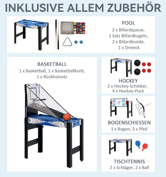 SPORTNOW 5-v-1 Multihra Kancelářský stůl s pingpongem, kulečníkem, hokejem, basketbalem a lukostřelbou pro dospělé 91 x 45,5 x 76 cm Černá+Modrá | Aos