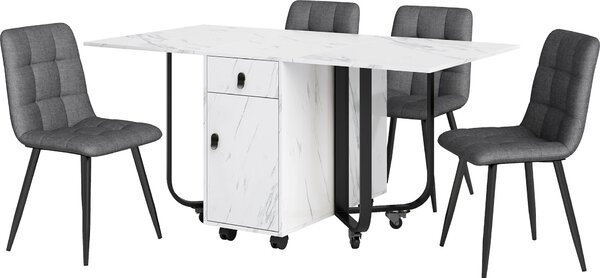 Jídelní souprava Fortuna Lai (sada, jídelní stůl 150 × 80 × 76 cm se 4 židlemi), skládací kuchyňský stůl, lněná jídelní židle, čalouněná designová židle s opěrkou, deska stolu z MDF v bílé barvě, černé nohy stolu