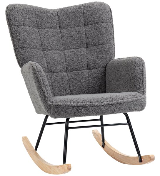 HOMCOM houpací křeslo – polstrované křeslo s berberským fleecem, dřevěné běhouny, ergonomické opěradlo a područky, do obýváku i ložnice, nosnost 120 k